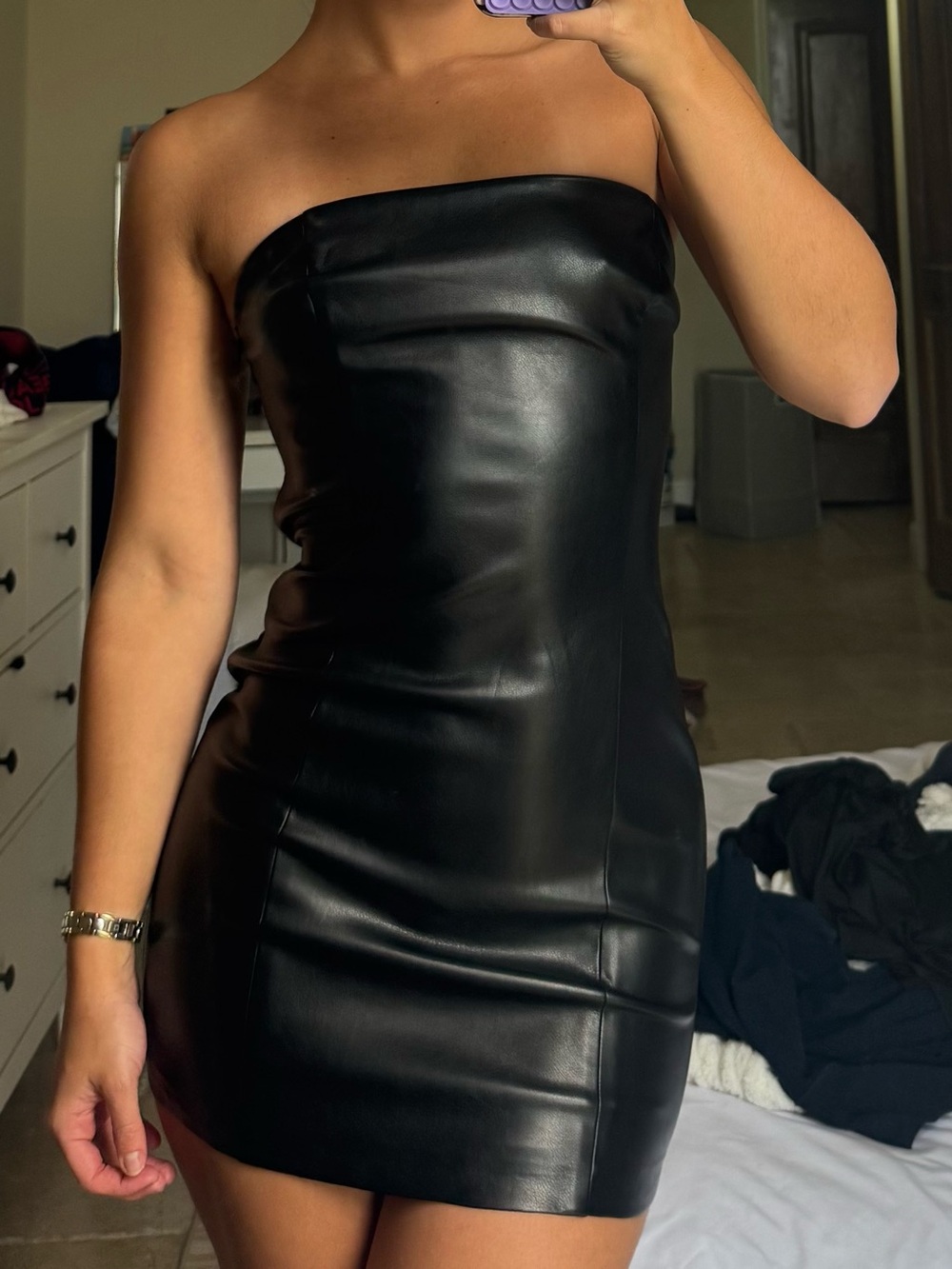 Garage Black Strapless Faux Leather Mini Dress